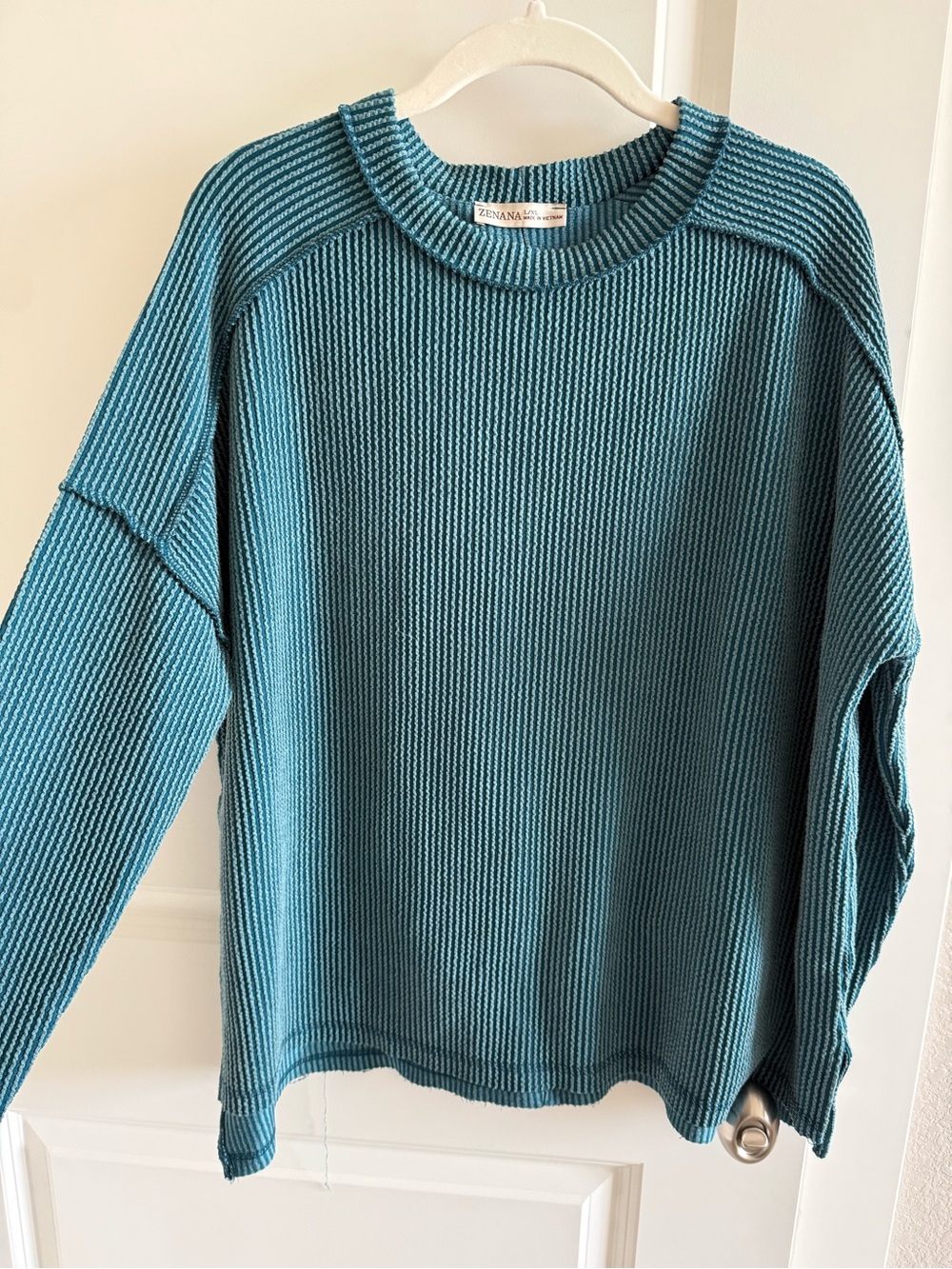 Zenana Outfitters Teal Ribbed Crewneck Pullover